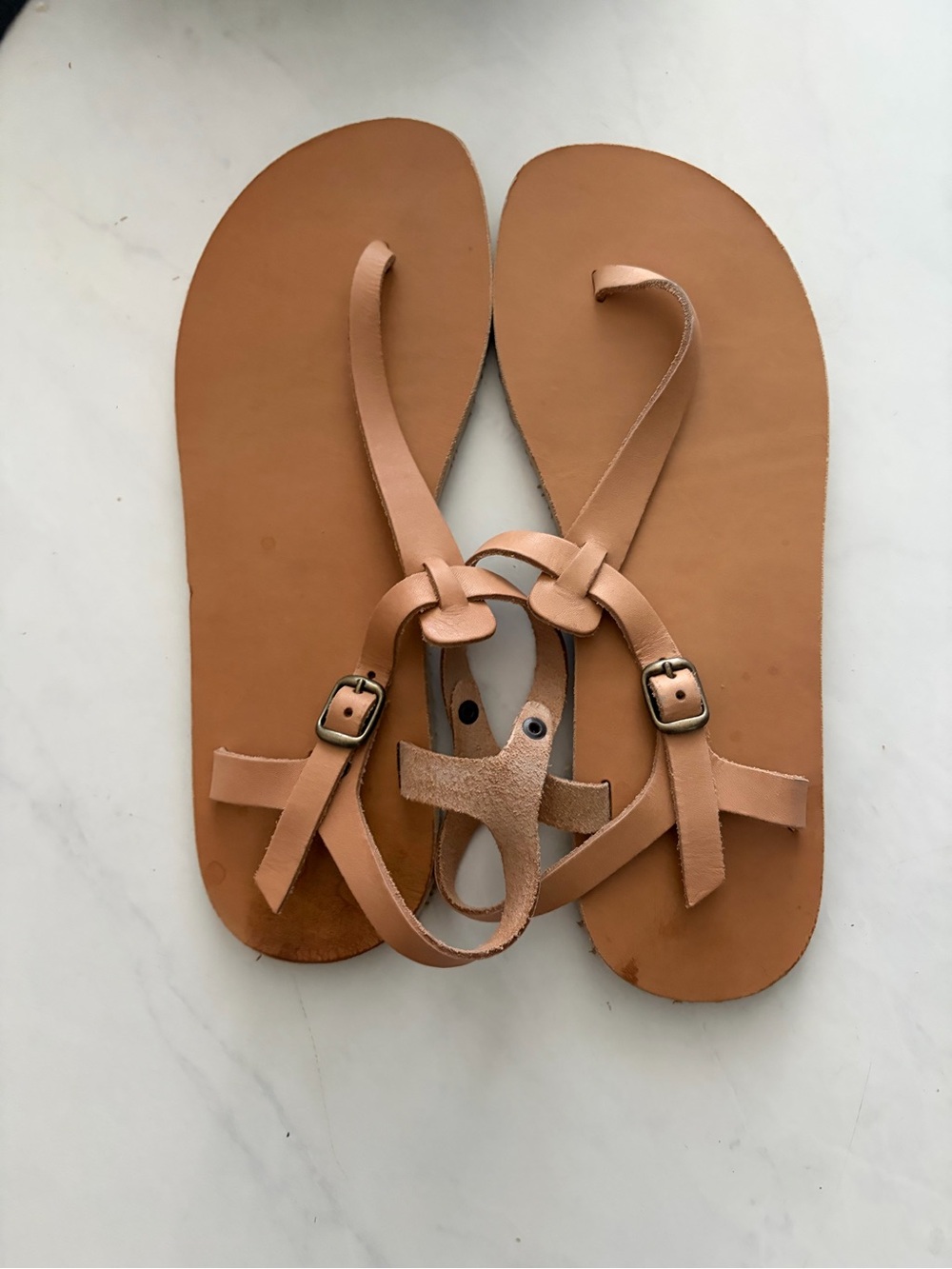 Grecian Barefoot Minimal Leather Strappy Sandals - Tan